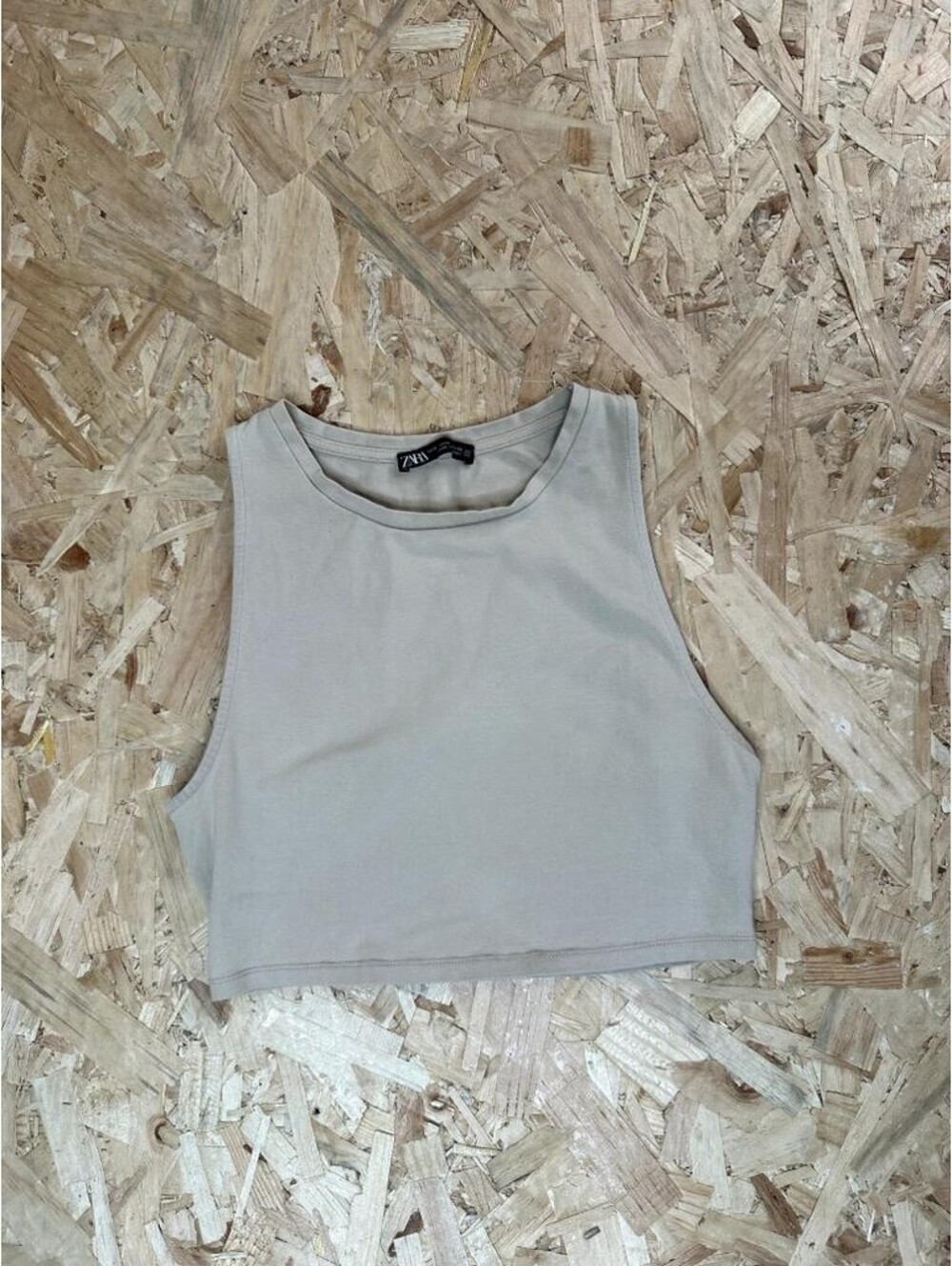 Zara Crop Tank Top Womens Medium Beige High Neck Sleeveless Knit Ribbed